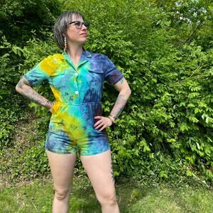 Ice Dyed Romper - Tie Dyed Upcycled - Pockets Soft Summer Spring (Women's Small)
